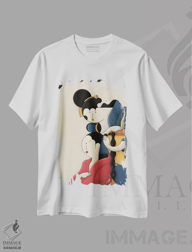 تیشرت سفید طرح دار دختری که موهایش را شانه می زند، دکور آسیایی اثر جان باتالگازی | فروشگاه ایماژ