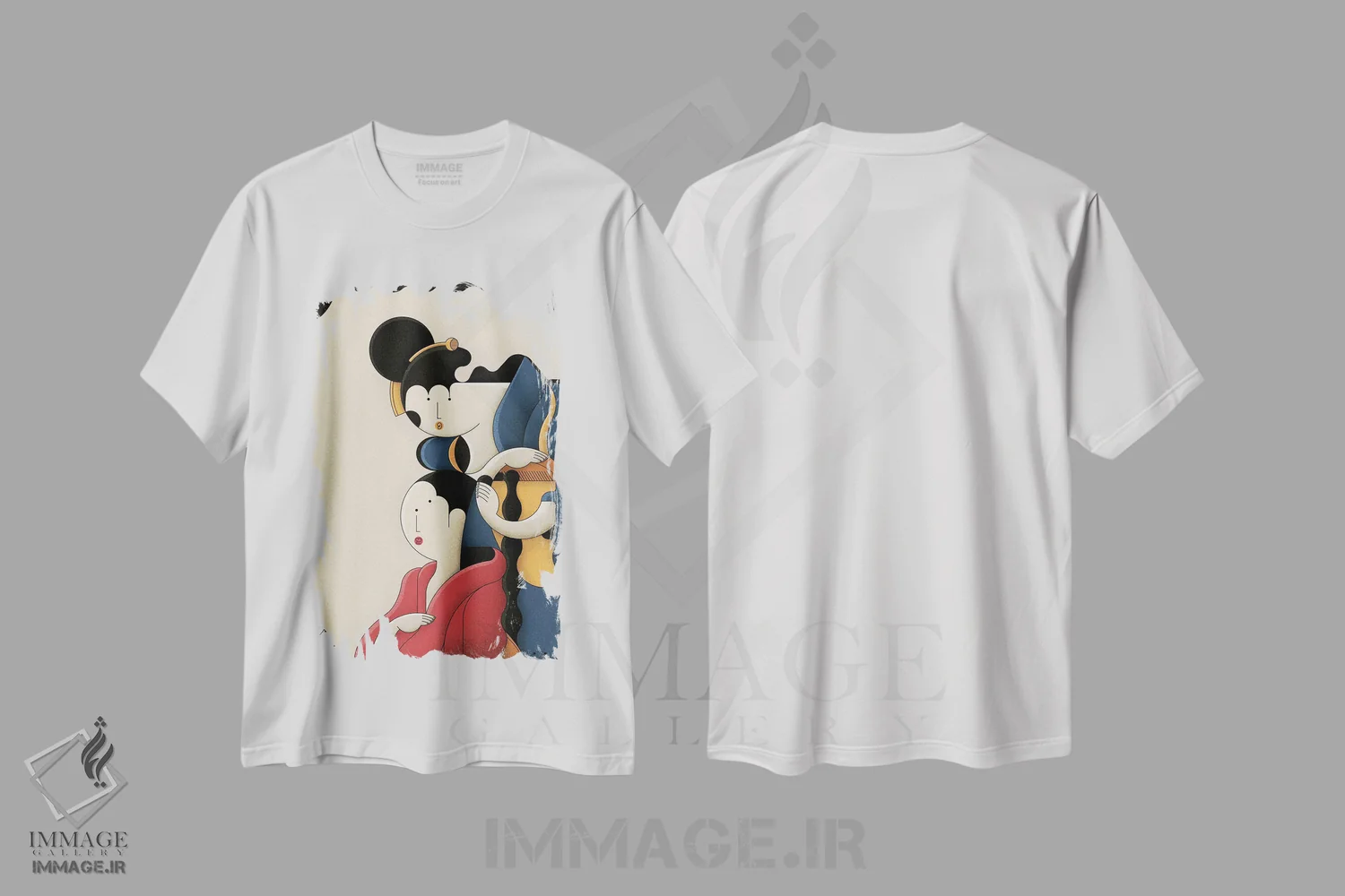 تیشرت سفید طرح دار دختری که موهایش را شانه می زند، دکور آسیایی اثر جان باتالگازی | فروشگاه ایماژ