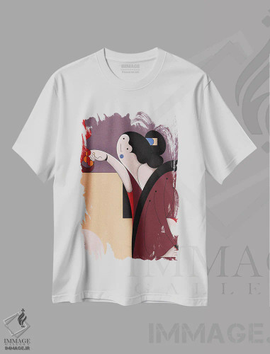 تیشرت سفید طرح دار دختر شمع روشن کننده، دکور آسیایی اثر جان باتالگازی | فروشگاه ایماژ