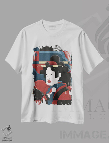 تیشرت سفید طرح دار دختر ادو، دکور آسیایی اثر جان باتالگازی | فروشگاه ایماژ