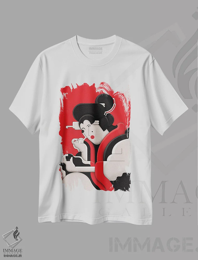 تیشرت سفید طرح دار دختر ادو در حال آرایش، دکور آسیایی اثر جان باتالگازی | فروشگاه ایماژ