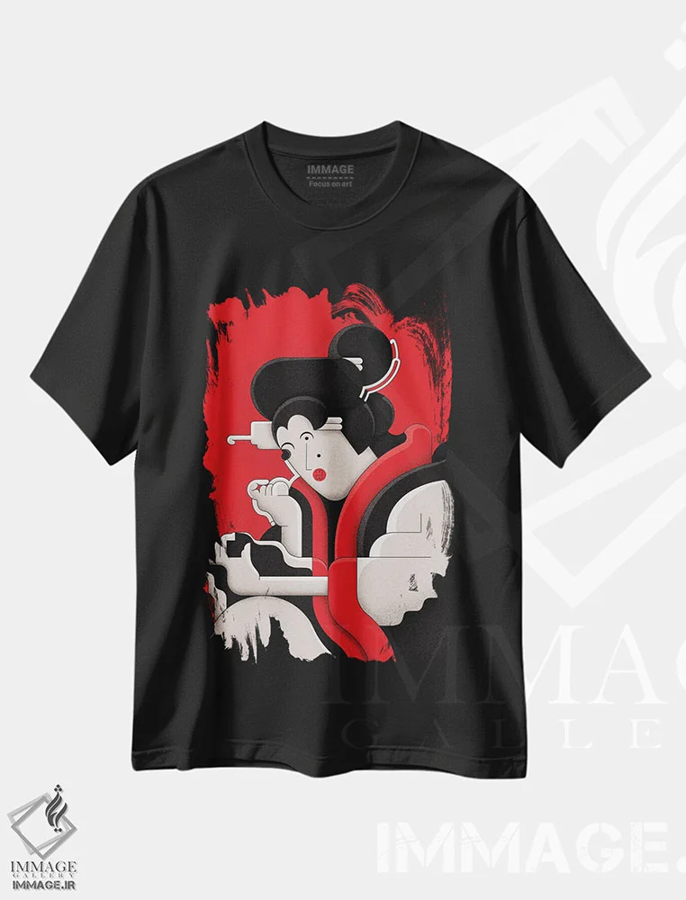 تیشرت مشکی طرح دار دختر ادو در حال آرایش، دکور آسیایی اثر جان باتالگازی | immage.ir