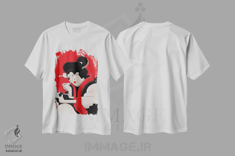 تیشرت سفید طرح دار دختر ادو در حال آرایش، دکور آسیایی اثر جان باتالگازی | فروشگاه ایماژ