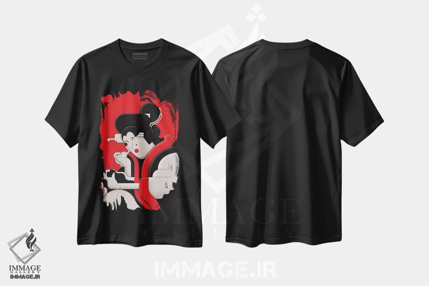 تیشرت مشکی طرح دار دختر ادو در حال آرایش، دکور آسیایی اثر جان باتالگازی | immage.ir