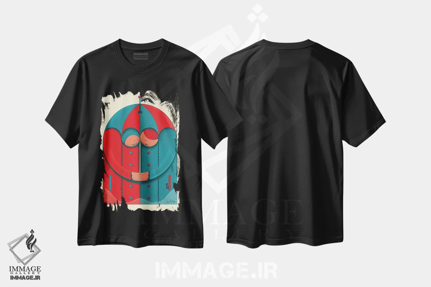 تیشرت مشکی طرح دار زوج زیر باران، دکور معاصر اثر جان باتالگازی | فروشگاه ایماژ
