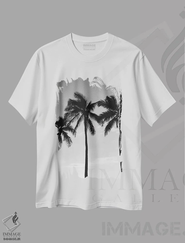 تیشرت سفید طرح دار نخل های هاوایی III، عکاسی سیاه و سفید اثر بثانی یانگ | immage.ir