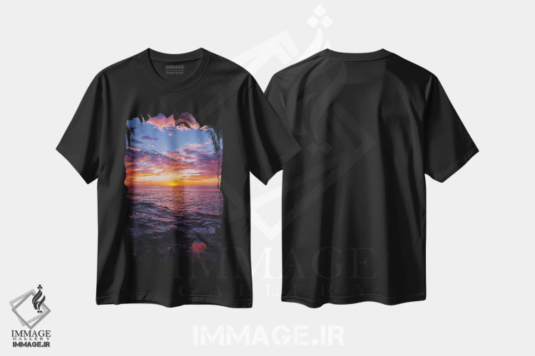 تیشرت مشکی طرح دار شب صخره های غروب V، مدیوم اثر بثانی یانگ | فروشگاه ایماژ