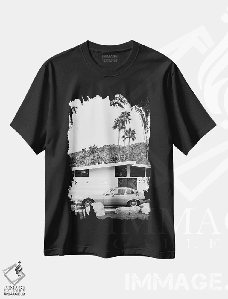 تیشرت مشکی طرح دار سواری پالم اسپرینگز II، عکاسی سیاه و سفید اثر بثانی یانگ | immage.ir