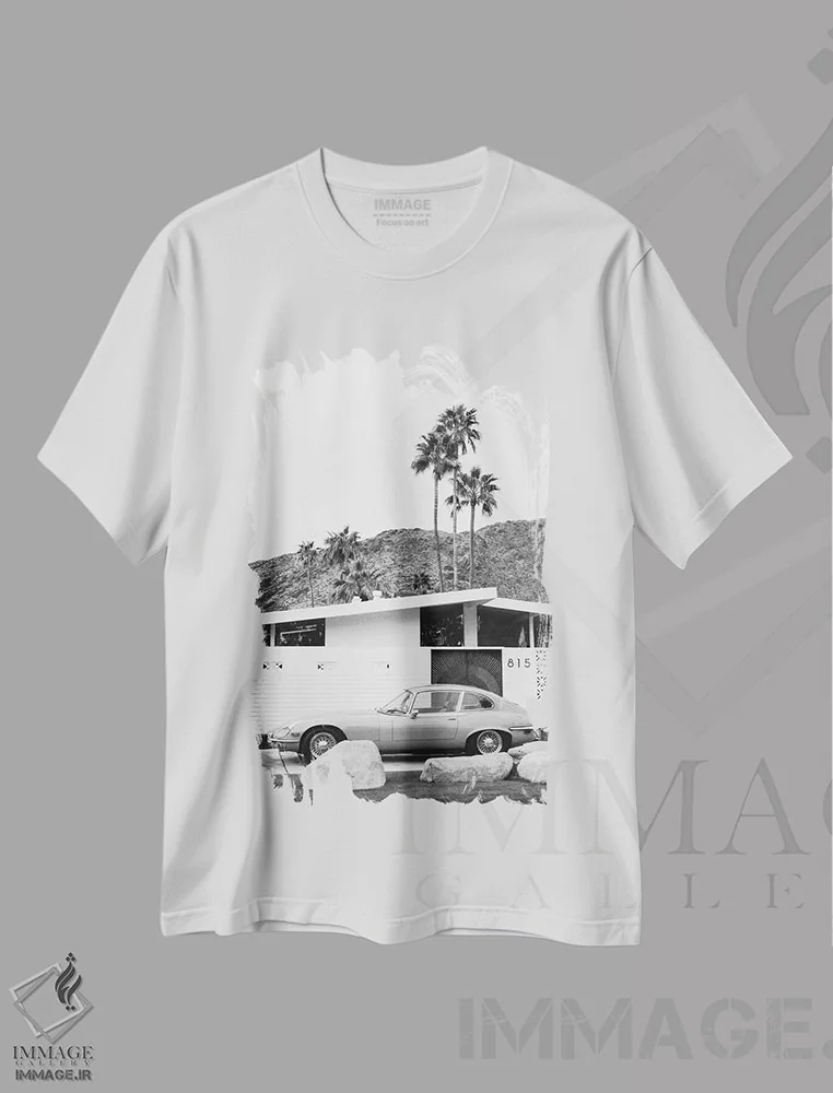 تیشرت سفید طرح دار سواری پالم اسپرینگز II، عکاسی سیاه و سفید اثر بثانی یانگ | فروشگاه ایماژ