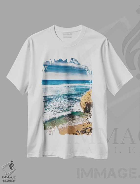 تیشرت سفید طرح دار صخره های غروب دو، مدیوم اثر بثانی یانگ | immage.ir