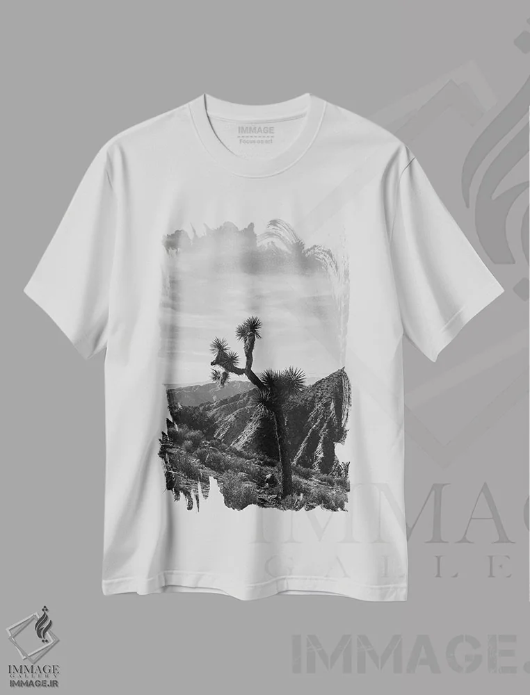 تیشرت سفید طرح دار پارک ملی درخت جاشوا سی و چهار، عکاسی سیاه و سفید اثر بثانی یانگ | immage.ir