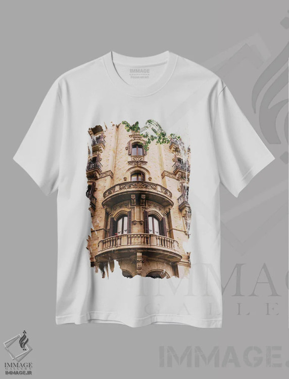 تیشرت سفید طرح دار معماری بارسلونا دو، مدیوم اثر بثانی یانگ | immage.ir