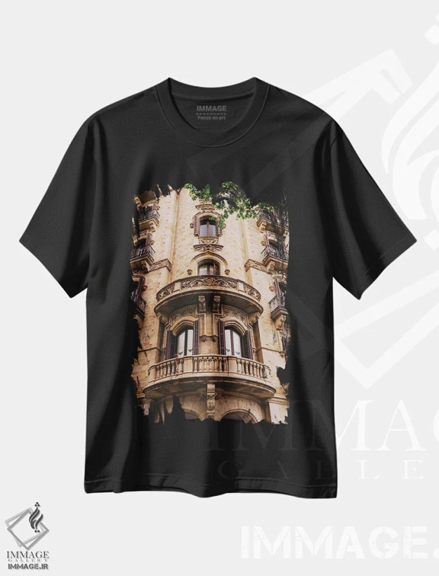 تیشرت مشکی طرح دار معماری بارسلونا دو، مدیوم اثر بثانی یانگ | فروشگاه ایماژ