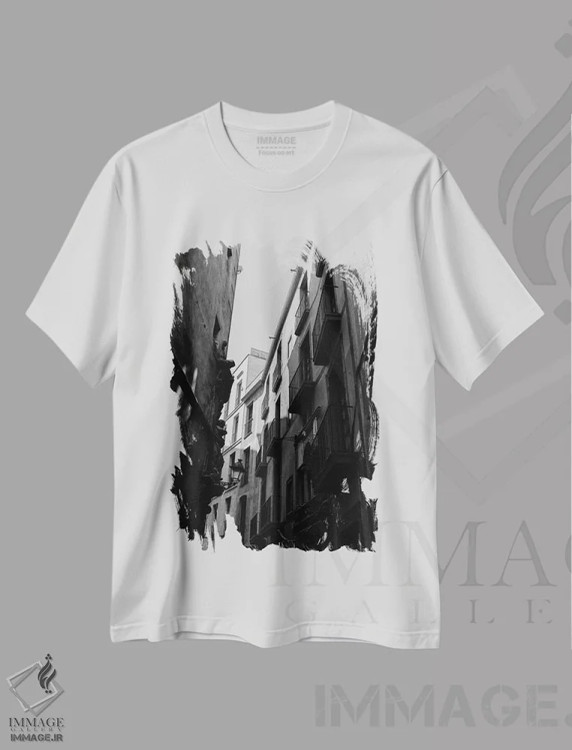تیشرت سفید طرح دار معماری بارسلونا چهار، مدیوم اثر بثانی یانگ | فروشگاه ایماژ