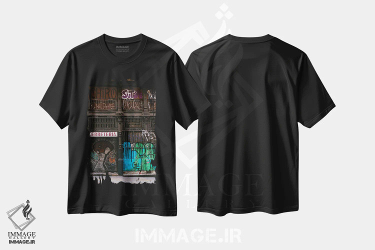 تیشرت مشکی طرح دار نقاشی دیواری بارسلونا دو، مدیوم اثر بثانی یانگ | فروشگاه ایماژ