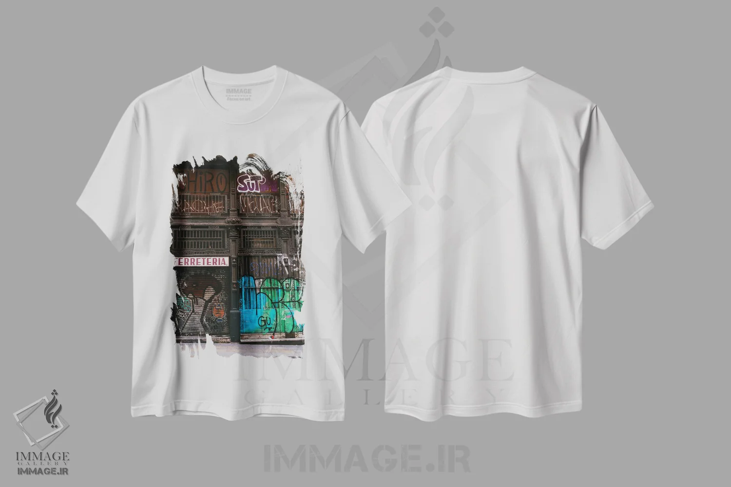 تیشرت سفید طرح دار نقاشی دیواری بارسلونا دو، مدیوم اثر بثانی یانگ | immage.ir