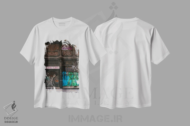 تیشرت سفید طرح دار نقاشی دیواری بارسلونا دو، مدیوم اثر بثانی یانگ | immage.ir