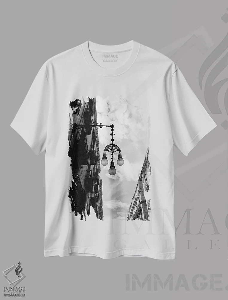 تیشرت سفید طرح دار چراغ های بارسلونا، مدیوم اثر بثانی یانگ | immage.ir