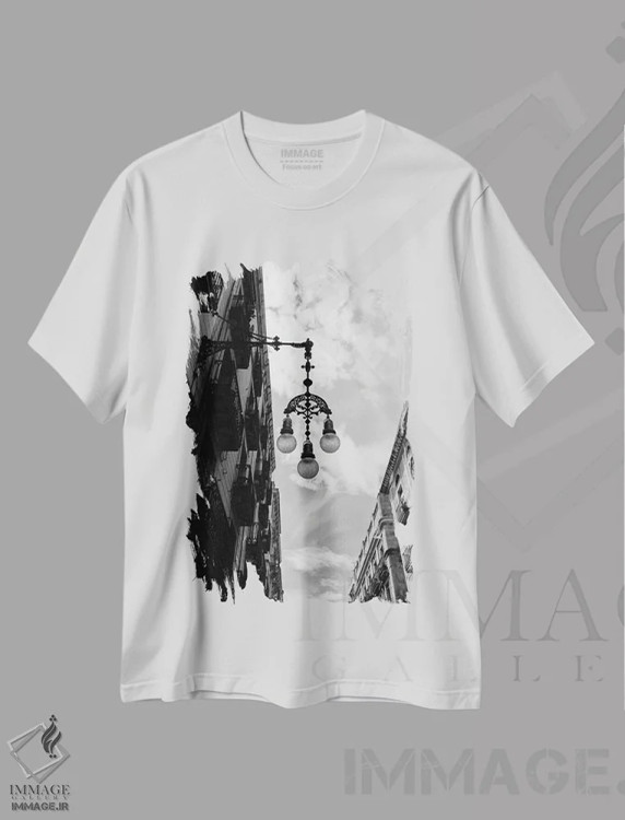 تیشرت سفید طرح دار چراغ های بارسلونا، مدیوم اثر بثانی یانگ | immage.ir