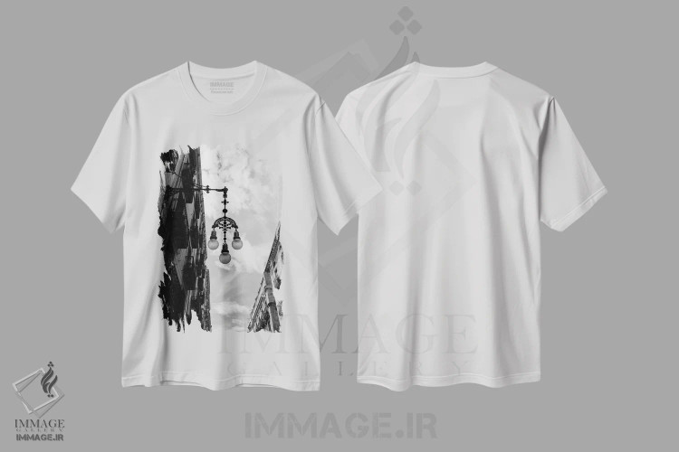تیشرت سفید طرح دار چراغ های بارسلونا، مدیوم اثر بثانی یانگ | immage.ir
