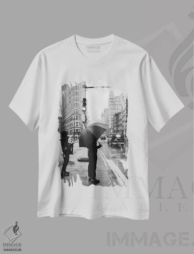 تیشرت سفید طرح دار نیویورک بارانی چهار، عکاسی سیاه و سفید اثر بثانی یانگ | فروشگاه ایماژ