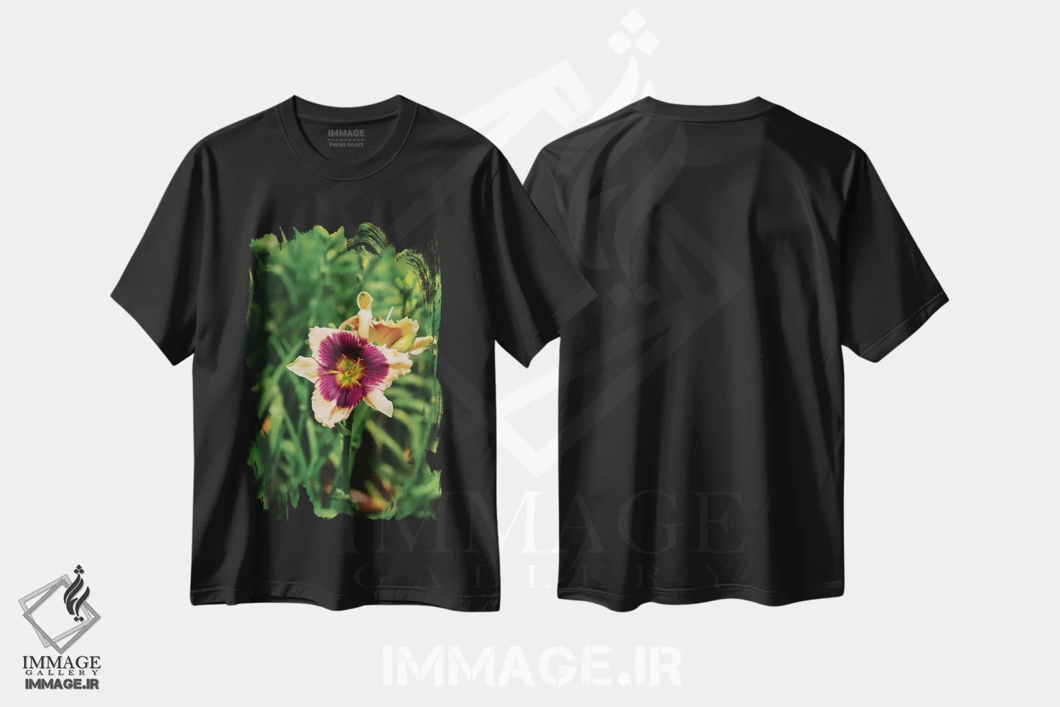 تیشرت مشکی طرح دار باغ سوسن روز ۵، مدیوم اثر بثانی یانگ | فروشگاه ایماژ