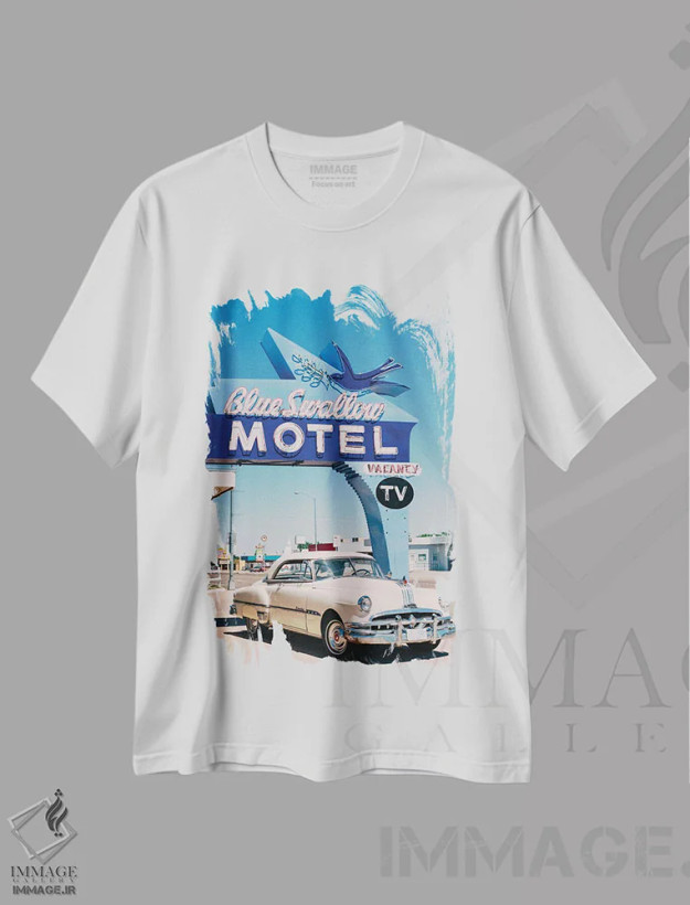 تیشرت سفید طرح دار موتل پرستو آبی، مدیوم اثر بثانی یانگ | فروشگاه ایماژ