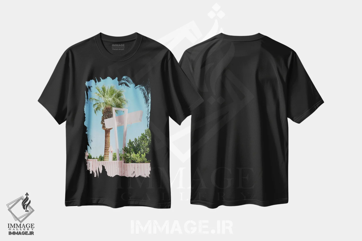 تیشرت مشکی طرح دار پالم اسپرینگز صورتی ۳، مدیوم اثر بثانی یانگ | immage.ir