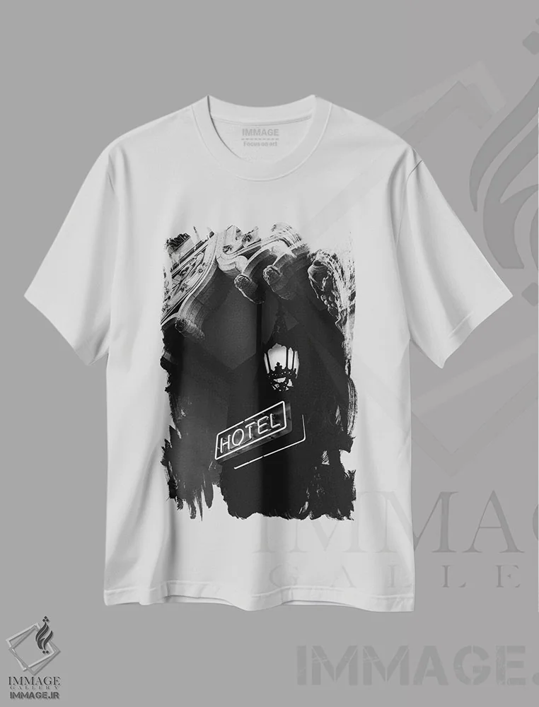 تیشرت سفید طرح دار هتل لس آنجلس، دکوراسیون جایگزین اثر بثانی یانگ | فروشگاه ایماژ