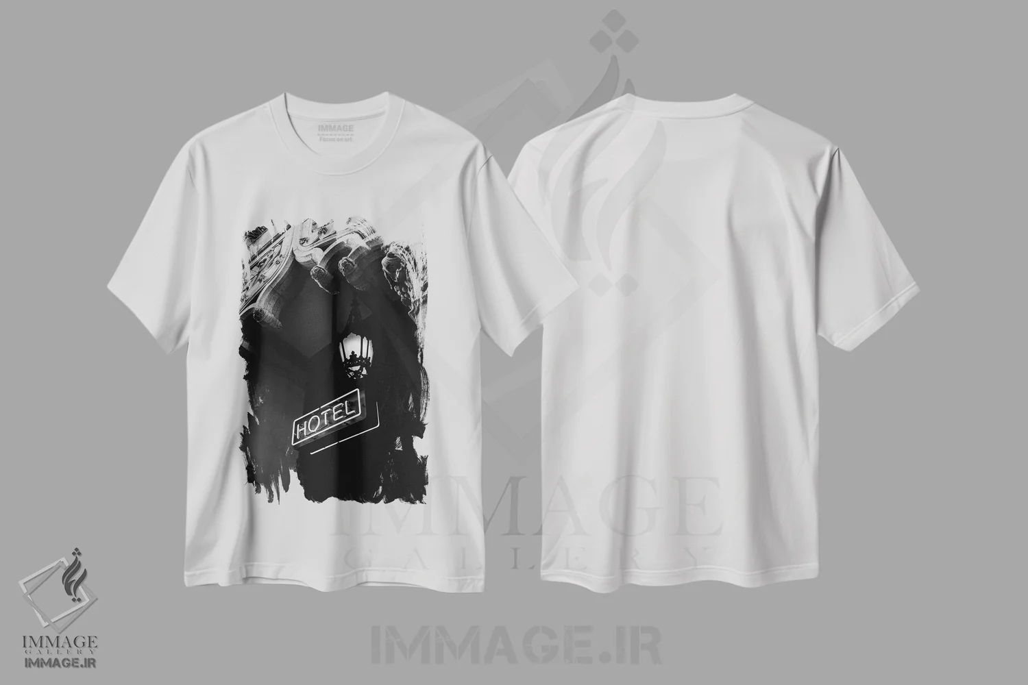 تیشرت سفید طرح دار هتل لس آنجلس، دکوراسیون جایگزین اثر بثانی یانگ | فروشگاه ایماژ