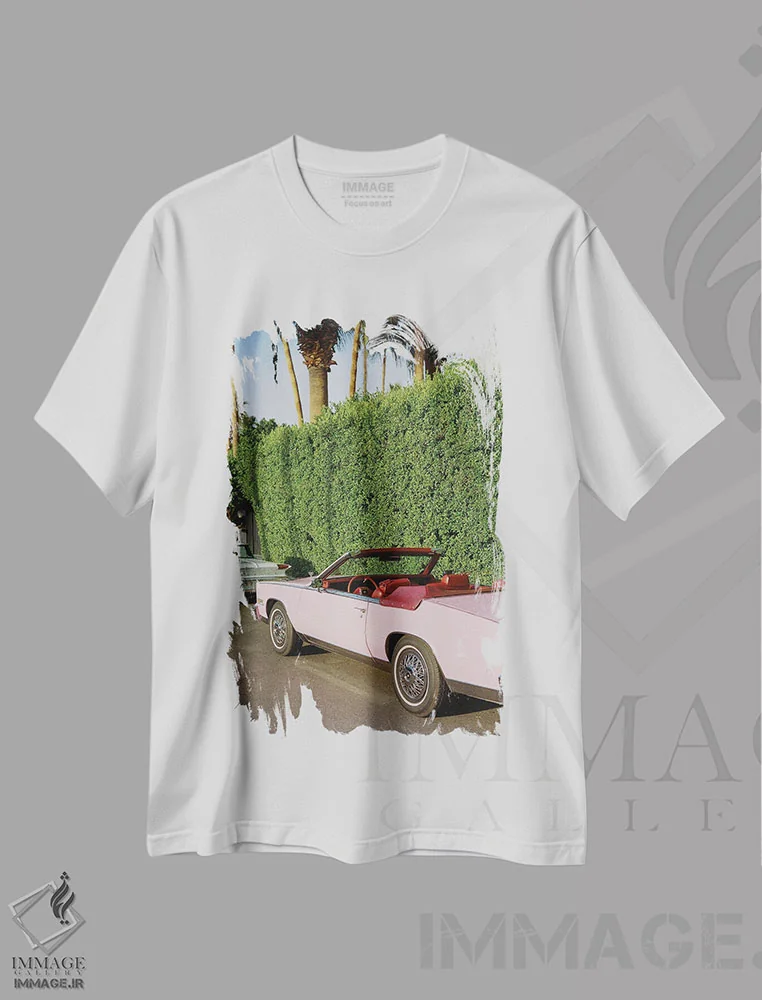 تیشرت سفید طرح دار کادیلاک صورتی ۴ روی نگاتیو، مدیوم اثر بثانی یانگ | فروشگاه ایماژ
