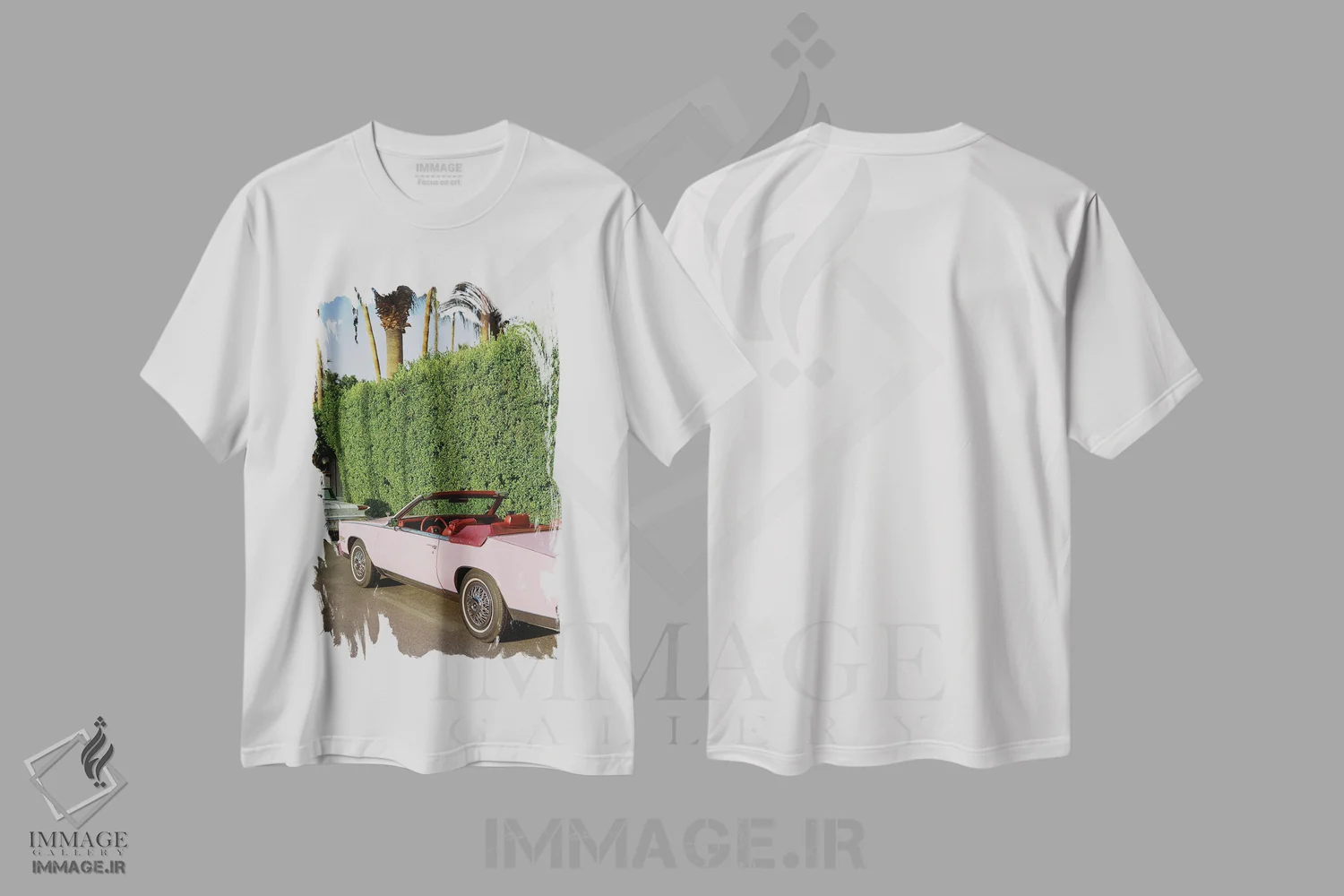 تیشرت سفید طرح دار کادیلاک صورتی ۴ روی نگاتیو، مدیوم اثر بثانی یانگ | فروشگاه ایماژ