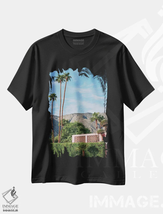 تیشرت مشکی طرح دار خانه صورتی پالم اسپرینگز روی نگاتیو، مدیوم اثر بثانی یانگ | immage.ir