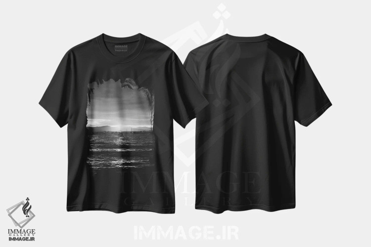 تیشرت مشکی طرح دار غروب دریاچه تاهو ۳، عکاسی سیاه و سفید اثر بثانی یانگ | فروشگاه ایماژ
