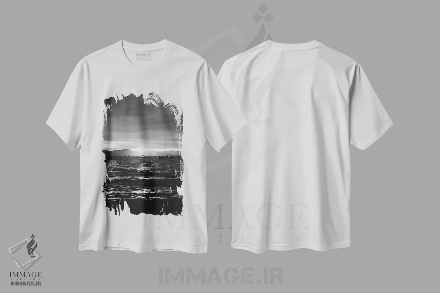 تیشرت سفید طرح دار غروب دریاچه تاهو ۳، عکاسی سیاه و سفید اثر بثانی یانگ | immage.ir