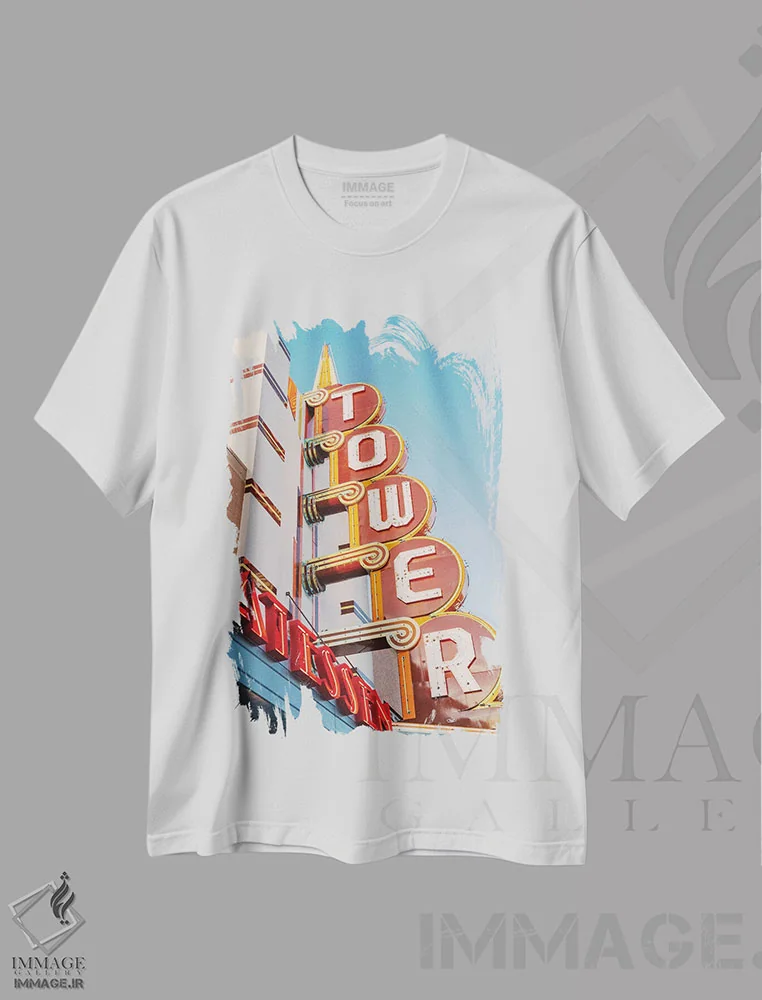 تیشرت سفید طرح دار سینمای تاور، تزئینی اثر بثانی یانگ | فروشگاه ایماژ