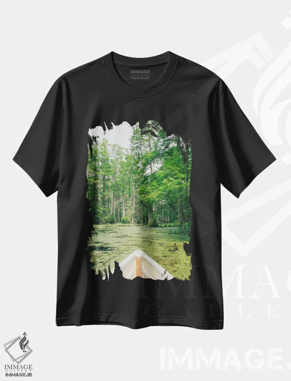 تیشرت مشکی طرح دار باغ سرو چارلستون روی نگاتیو، مدیوم اثر بثانی یانگ | فروشگاه ایماژ