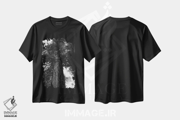 تیشرت مشکی طرح دار جنگل ردوود ۱۵، عکاسی سیاه و سفید اثر بثانی یانگ | فروشگاه ایماژ