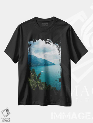 تیشرت مشکی طرح دار قایق های ساحل آمالفی شماره شش، مدیوم اثر بثانی یانگ | فروشگاه ایماژ
