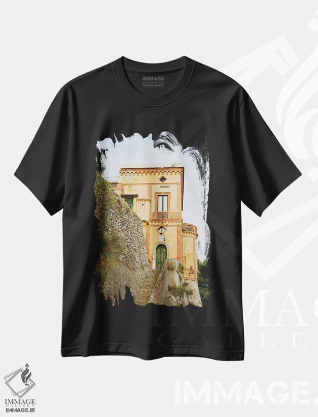 تیشرت مشکی طرح دار ویلا ساحل آمالفی شماره سه روی فیلم، مدیوم اثر بثانی یانگ | فروشگاه ایماژ