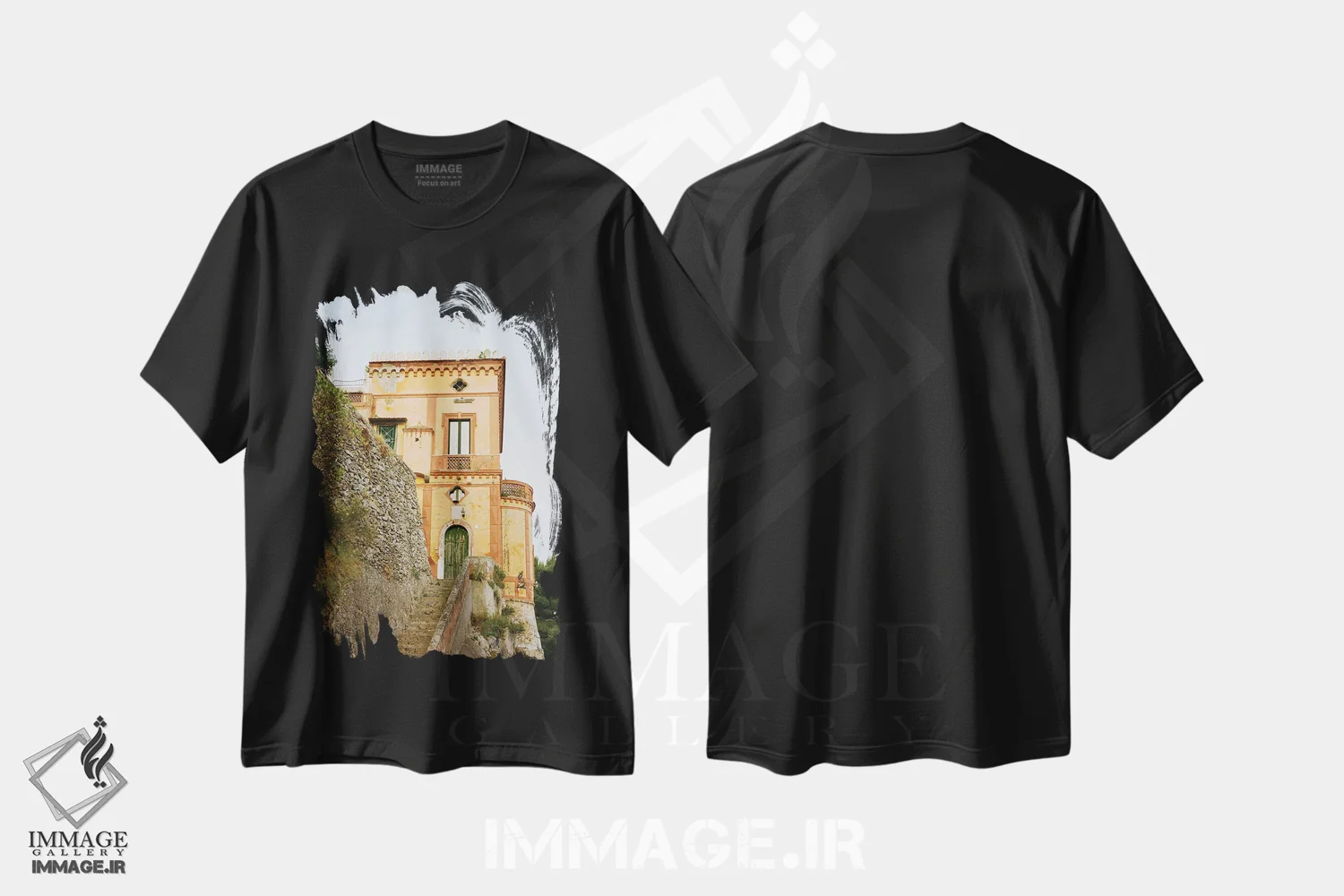 تیشرت مشکی طرح دار ویلا ساحل آمالفی شماره سه روی فیلم، مدیوم اثر بثانی یانگ | فروشگاه ایماژ