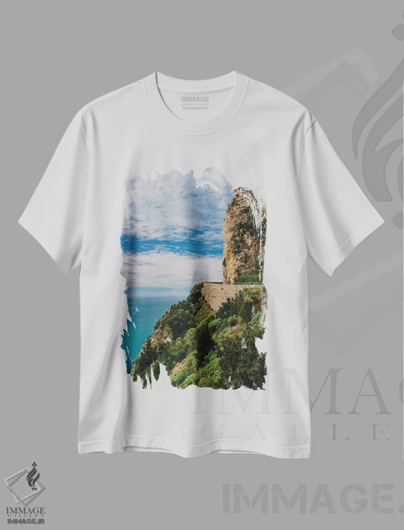 تیشرت سفید طرح دار جاده ساحلی آمالفی شماره بیست و پنج، مدیوم اثر بثانی یانگ | immage.ir