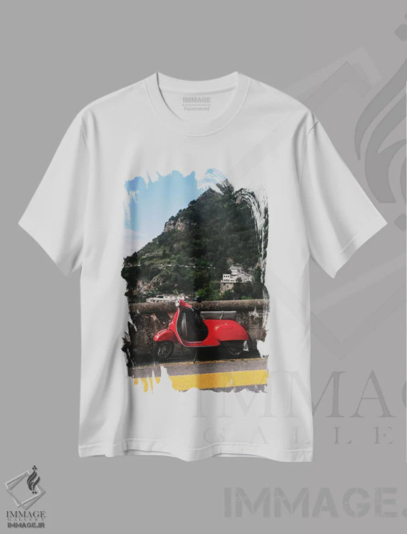 تیشرت سفید طرح دار جاده ساحلی آمالفی شماره یک، مدیوم اثر بثانی یانگ | فروشگاه ایماژ