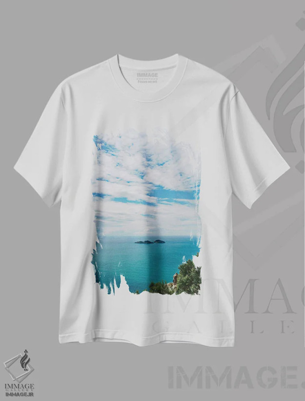 تیشرت سفید طرح دار ساحل آمالفی شماره چهار، مدیوم اثر بثانی یانگ | فروشگاه ایماژ
