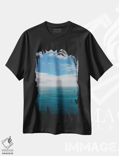 تیشرت مشکی طرح دار منظرهٔ اقیانوس ساحل آمالفی شماره یک، مدیوم اثر بثانی یانگ | فروشگاه ایماژ