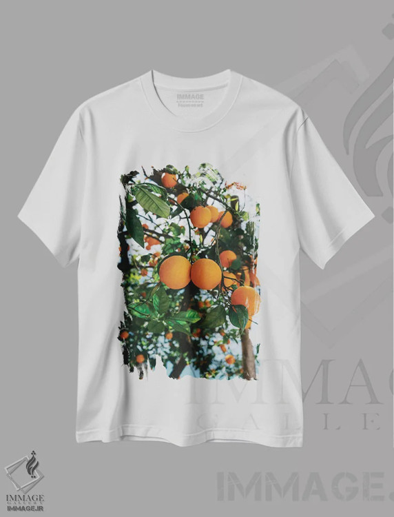 تیشرت سفید طرح دار پرتقال های ساحل آمالفی شماره سه، مدیوم اثر بثانی یانگ | فروشگاه ایماژ