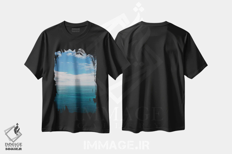 تیشرت مشکی طرح دار منظرهٔ اقیانوس ساحل آمالفی شماره یک، مدیوم اثر بثانی یانگ | فروشگاه ایماژ