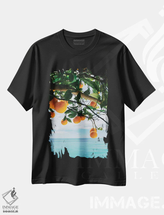 تیشرت مشکی طرح دار پرتقال های ساحل آمالفی شماره چهار، مدیوم اثر بثانی یانگ | فروشگاه ایماژ