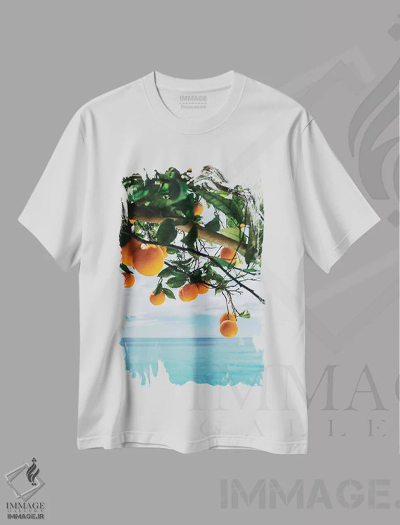تیشرت سفید طرح دار پرتقال های ساحل آمالفی شماره چهار، مدیوم اثر بثانی یانگ | immage.ir
