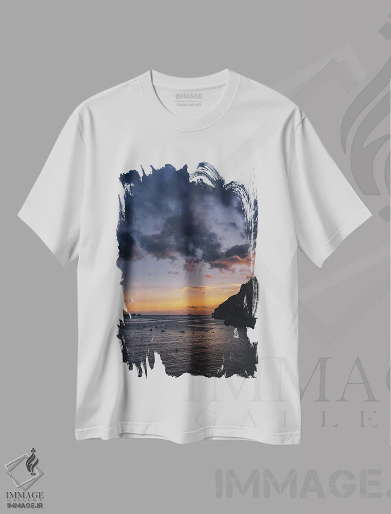 تیشرت سفید طرح دار غروب ساحل آمالفی شماره سه، مدیوم اثر بثانی یانگ | immage.ir